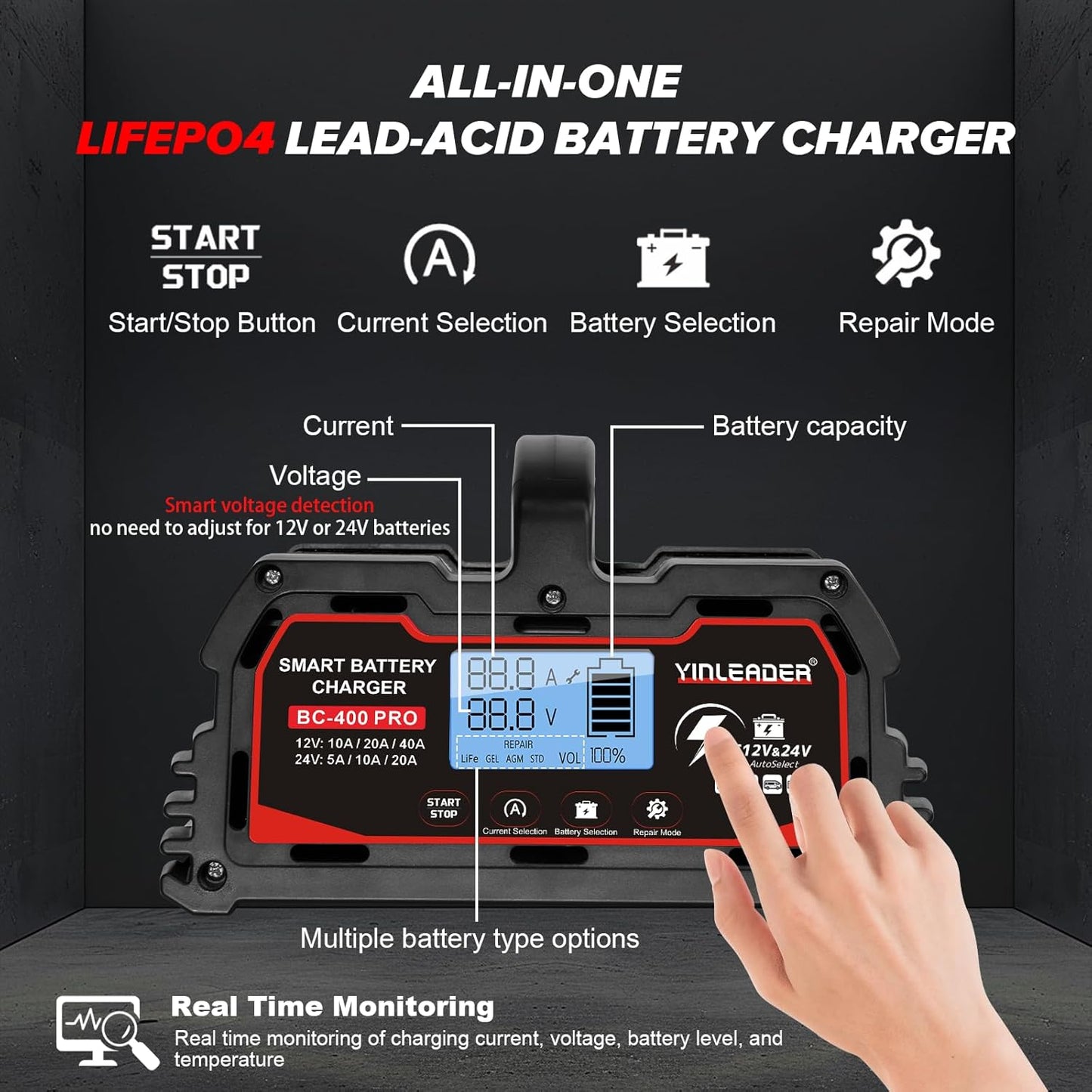 Battery Charger 40A, 12V/24V Lead Acid Smart Battery Charger, 12V LiFePO4 Car Battery Trickle Charger, Automatic Battery Maintainer for Car Motorcycle Lawn Mower Marine Boat Lead Acid Batteries