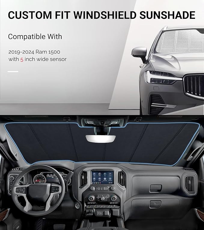 Windshield Sun Shade for Ram 1500 2019-2025 with 5 Inch Wide Sensor. Reflective Aluminum Film Front Window Sunshade - BLAZBLOCK