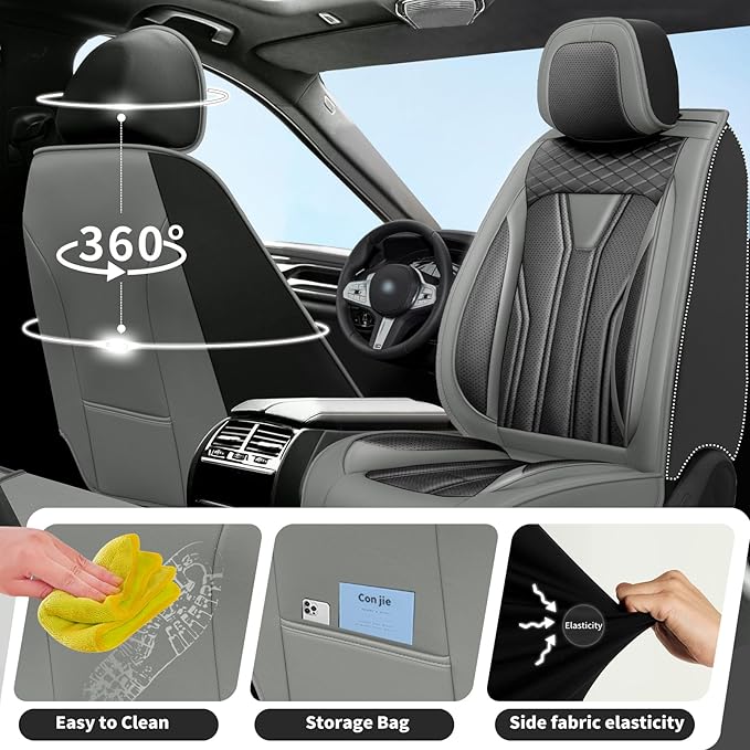 Fit Accord Car Seat Covers Premium Leather for Honda Accord 2012-2025 2026. Waterproof， Breathable, Scratch-Resistant & All-Weather Seat Cushion Protector（Full Set,Gray&Black