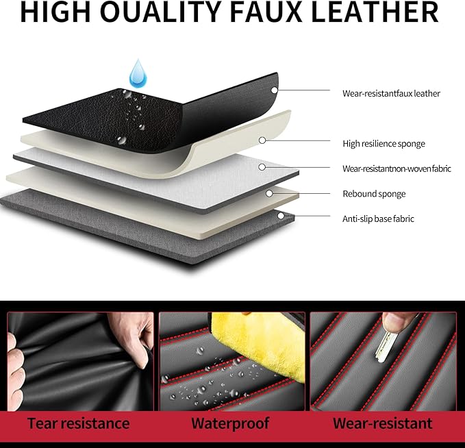 Fit Fj Cruiser Car Seat Covers for Toyota Fj Cruiser 2007-2013 2014 - Upgraded Premium Waterproof & Breathable Leather,Airbag Compatible, All-Weather Seat Cushion Protector (2 Front/Black+Red)