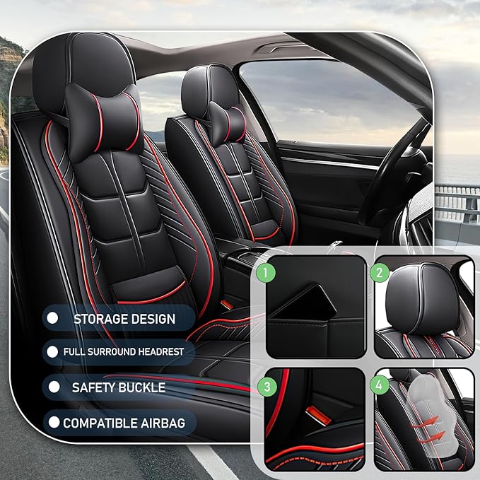 Leather Car Seat Covers Fit for Toyota Corolla Hatchback 2019-2024, 5 Seater Car Seat Cover, Premium Waterproof, Scratch Resistant Car Interior Accessories (Full Set with Pillow Black Red)