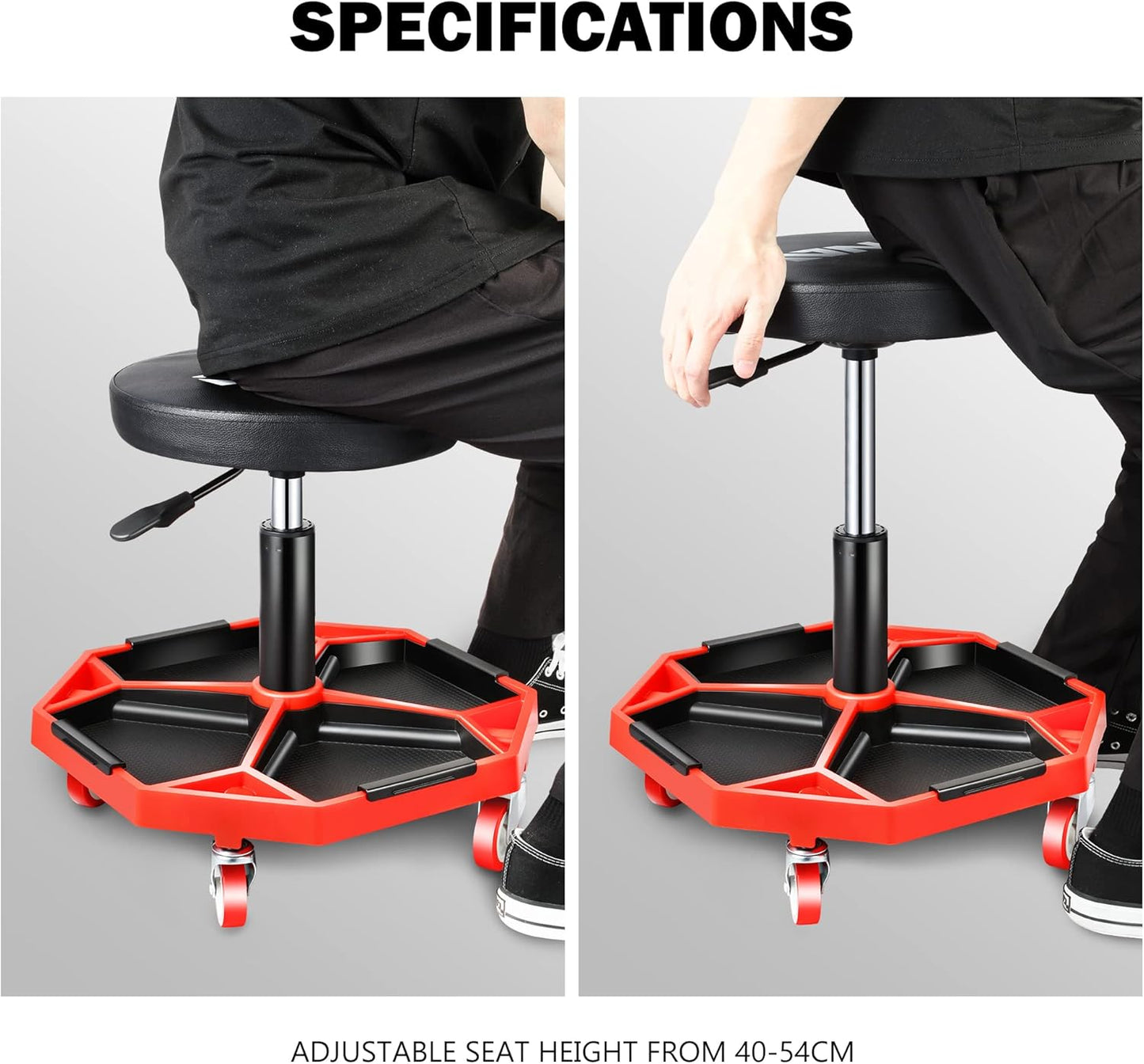 DNA MOTORING TOOLS-00253 Adjustable Height Pneumatic Garage Seat Rolling Mechanic Stool with Tool Tray Storage,300lbs Max Weight Capacity