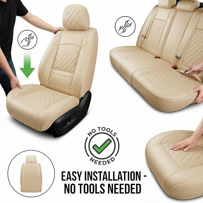 Fit TL Car Seat Covers for Acura TL 2004-2014 - Premium Leather, Waterproof, All-Weather, Airbag Compatible, Anti-Slip, Breathable, Easy Install, Seat Protectors, Full Set, Beige