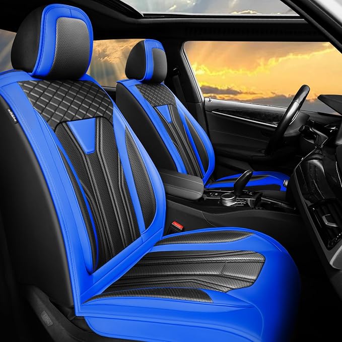 Fit Sentra Car Seat Covers Compatible with Nissan Sentra 2001-2025 2026 - Full Set Premium Leather， Waterproof Breathable， All-Weather Seat Cushion Protecto&Airbag Compatible （Blue & Black