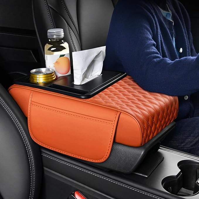 5-in-1 Car Armrest Pad Cushion, Water Ripple Embossed Center Console Booster Pad with Tissue Box, Cup Holder, Storage Bag, Phone Slot, Fit for Most Sedan Vehicles (Water Ripple Series, Black)