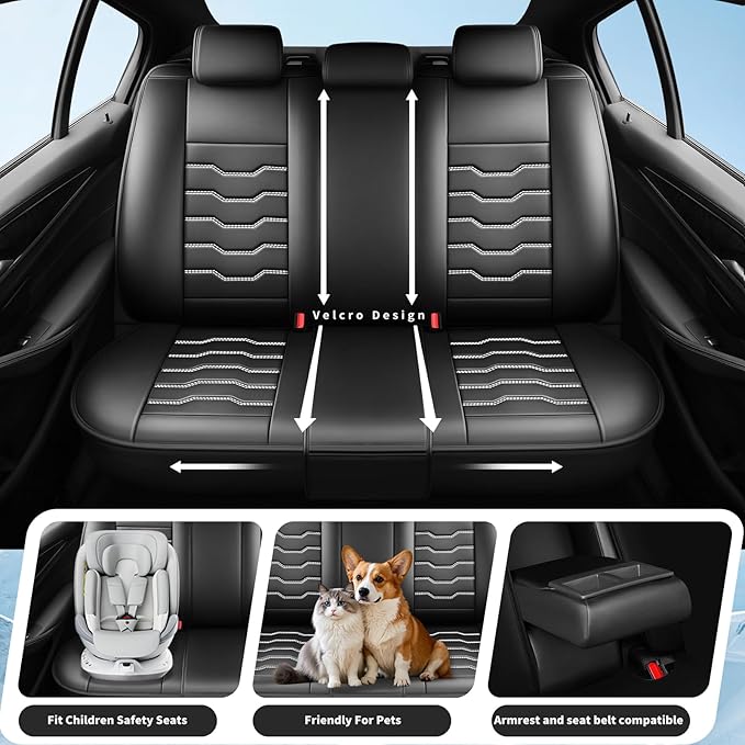 Fit Kona Car Seat Covers for Select Hyundai Kona 2018-2025 2026. Premium Leather, Waterproof， Breathable, Scratch-Resistant & All-Weather Seat Cushion Protector (Front Pair,White Line Black)