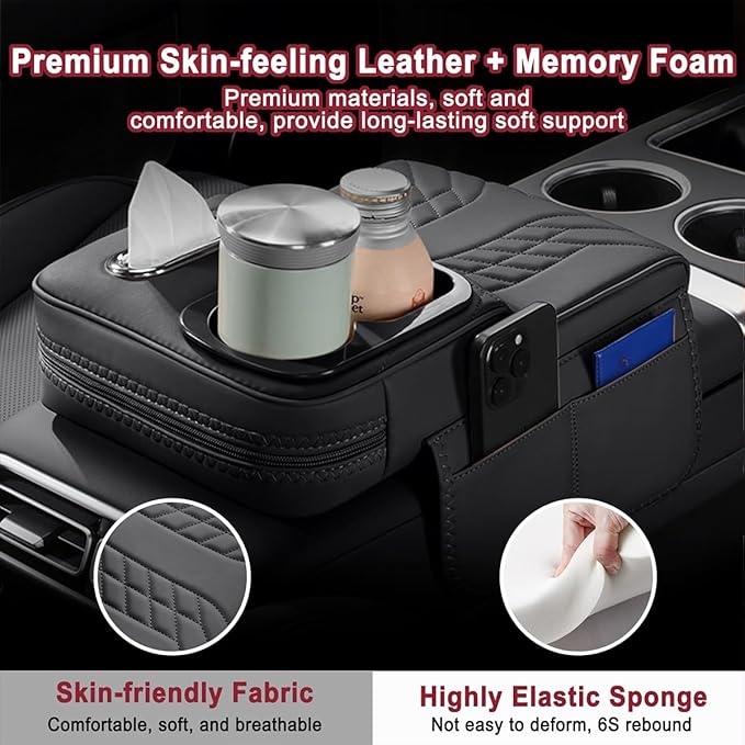 Car Armrest Storage Box for Infiniti QX60 2013–2025 2020 2021 2022 2023 2024, Sport-Style Center Console Organizer with Side Pocket, PU Leather Armrest Cushion, Elbow Support Pad,C Grey