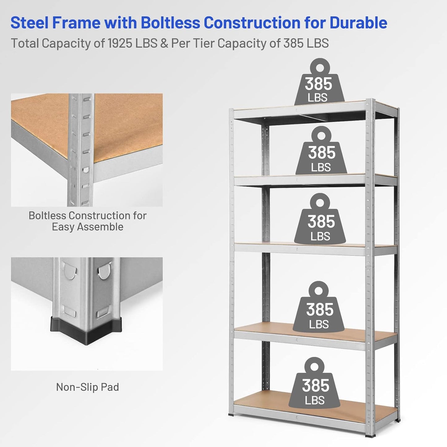 ERGOMASTER 5 Tiers Steel Shelves for Storage Heavy Duty Garage Organization Utility Shelf Rack for Books, Kitchenware, Tools Bolt-Free Assembly 72 x 16 x 72 inches (2PCS,Silver)