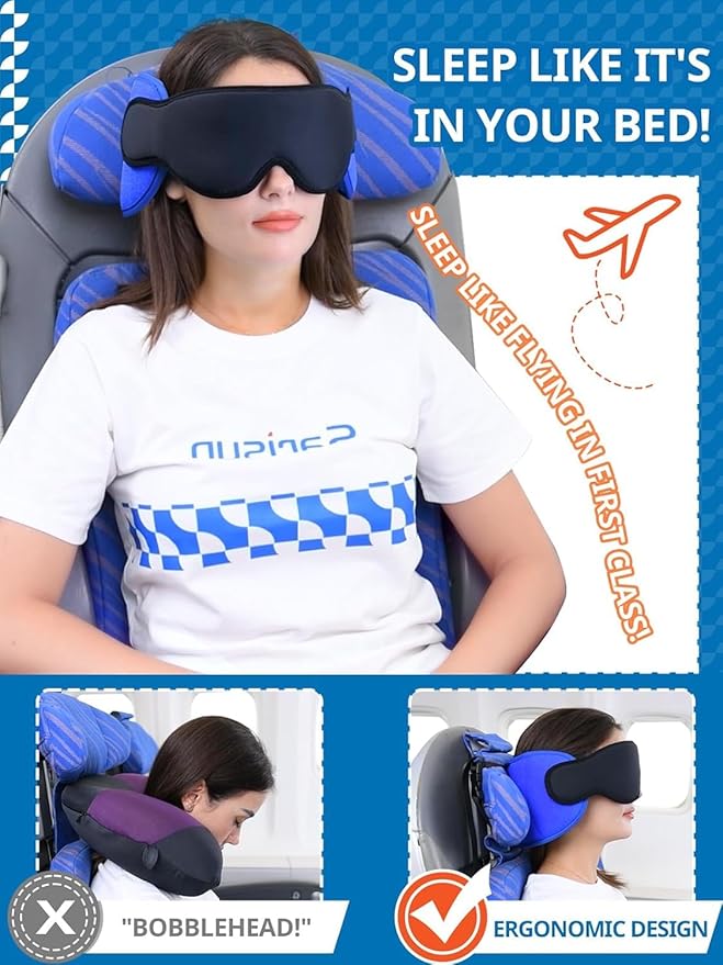 Travel Pillows for Airplanes, Airplane Pillow with Purple Sleep Eye Mask, 360° Neck Support Headrest, Portable Airplane Travel Essentials, Airplane Head Strap for Long Flight, Stop Bobblehead