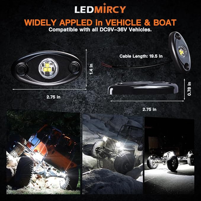 LEDMIRCY LED Rock Lights White 2PCS for Off Road Truck Auto Car Boat ATV SUV RZR Waterproof High Power Neon Trail Rig Lights Shockproof(Pack of 2,White)