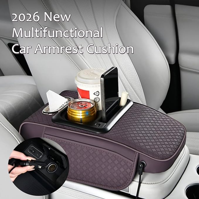 2026 Upgraded Car Center Console Cushion with 30w USB& Type-C Charging Ports, Leather Car Armrest Pad Cover, Interior Accessories for Most Vehicles (Ergonomic Sloped Version, Orange)