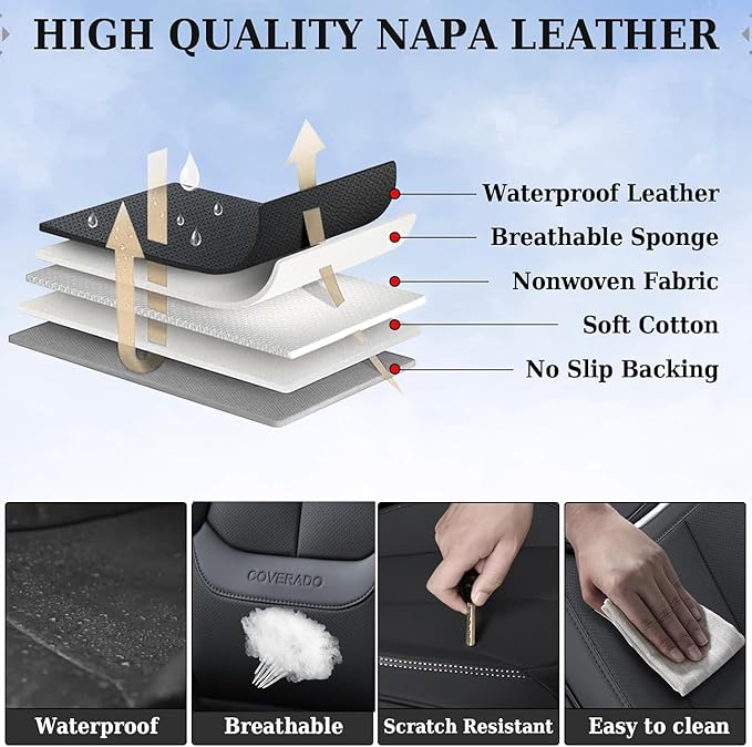 Coverado Car Seat Covers Full Set, Seat Covers for Cars, Black Car Seat Covers Front Seats and Back Car Seat Protector Waterproof, Leather Car Seat Cushion Universal Fit for Most Cars Brown