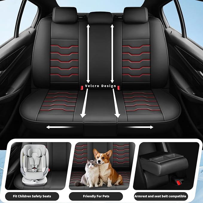 Fit Leaf Car Seat Covers Compatible with Nissan Leaf 2012-2025 2026 - Premium Leather，Waterproof Breathable，All-Weather Seat Cushion Protecto&Airbag Compatible (2 Front Seat Red Line Black)