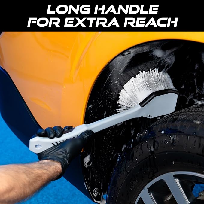 VIKING Car Wash Brush, Wheel and Fender Brush, Long Handle Tire Cleaner for Car Detailing, 16.5 Inch, Grey/Black