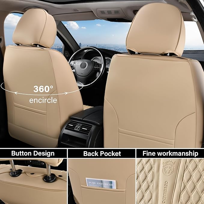 Coverado Front Seat Covers, Car Seat Covers Front Seats, Nappa Leather Seat Covers for Cars, Waterproof Seat Covers with Lumbar Support Universal Fit for Most Cars SUV Trucks (Front, Beige)