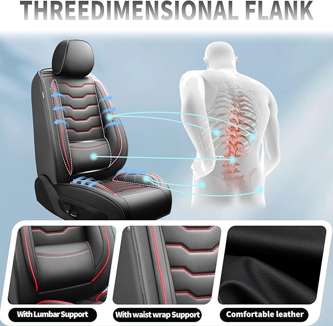 Fit Kona Car Seat Covers for Select Hyundai Kona 2018-2025 2026. Premium Leather, Waterproof， Breathable, Scratch-Resistant & All-Weather Seat Cushion Protector (Front Pair,Red Line Black)