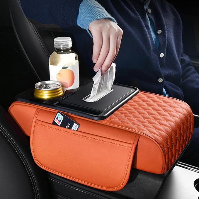 Car Center Console Armrest Pad, Arm Rest Box Cushion with Ergonomic Height Boost, Storage Pockets, Built-in Tissue Box, Cupholder, Fit for Most Sedan Vehicles (Embroidery Water Ripple, Black)
