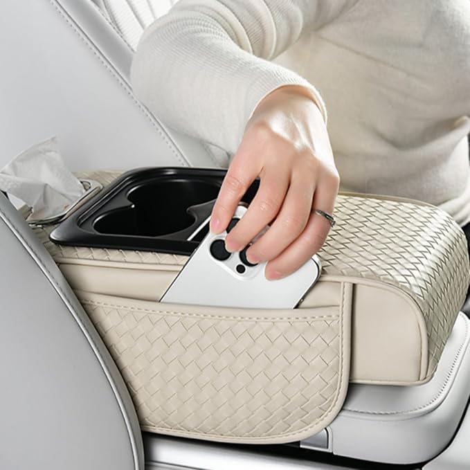 Car Armrest Cushion Cover Car Center Console Memory Foam Booster Pad with Storage Pocket and Tissue Hole for Sedan Vehicle (Cupholder - Black, 13.39 * 7.68 * 2.95'' / 34 * 19.5 * 7.5cm)