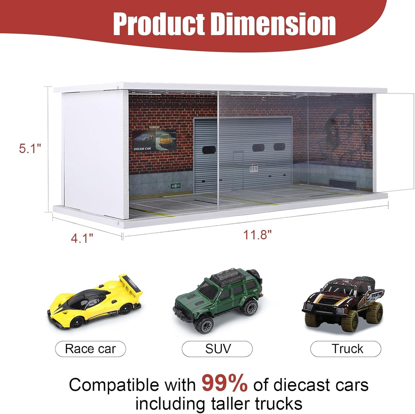 Display Case for Hot Wheels: Stackable Parking Garage for 1/64 Scale Matchbox Toy Car, FoamBoard Storage for Monster Trucks with LED Light and Acrylic Cover, Repair Store