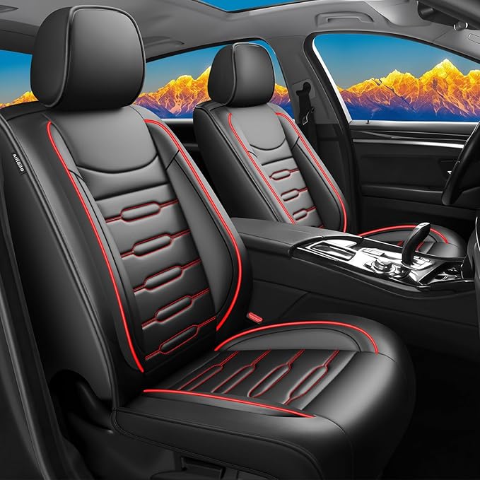 Fit Elantra Car Seat Covers for Hyundai Elantra 2017-2024 2025 2026 - Upgraded Premium Waterproof & Breathable Leather, Airbag Compatible, All-Weather Seat Cushion Protector(2 Front/Black+Red)
