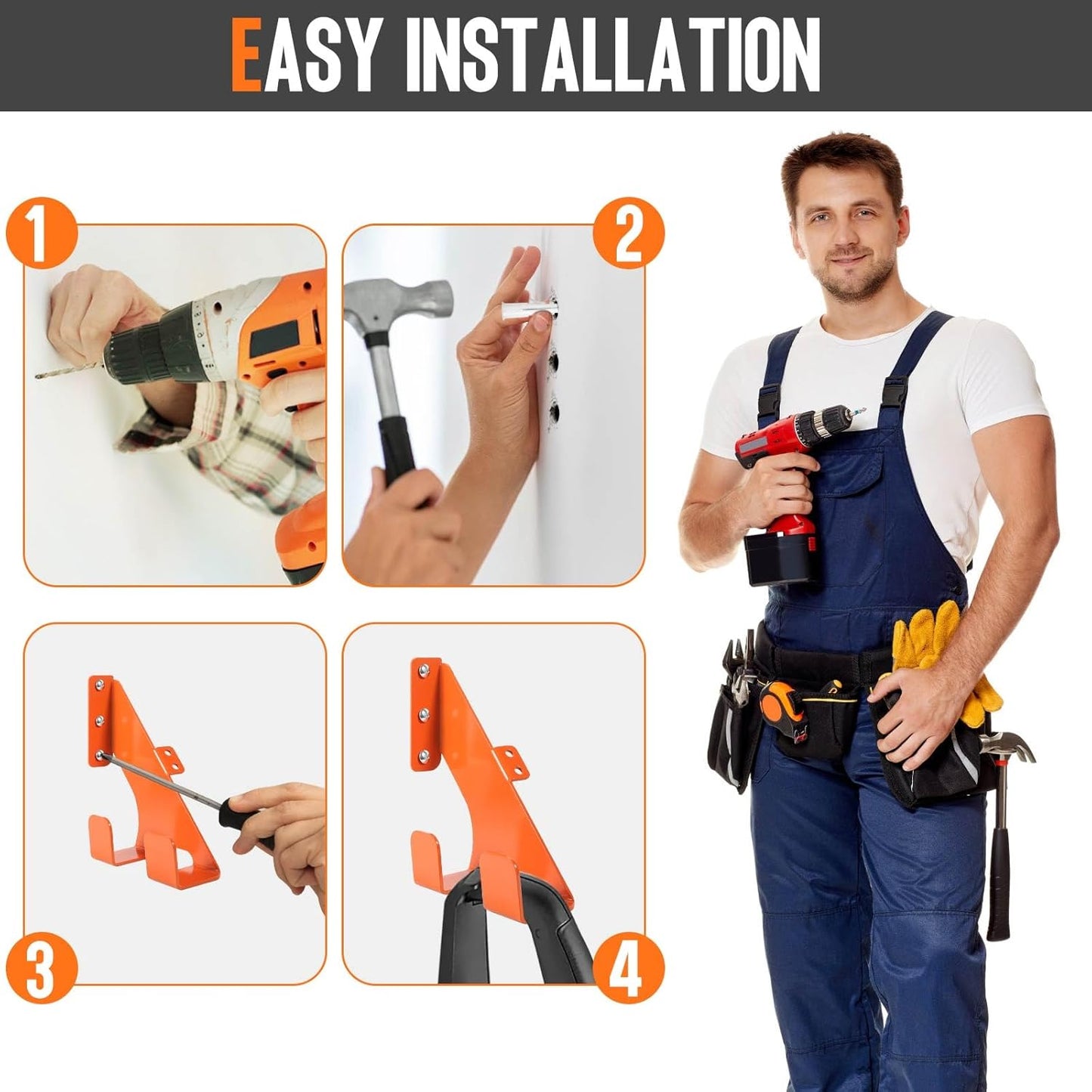Chainsaw Hanger, Heavy Duty Chain Saw Stand 3-in-1 Wall Mount with Accessory Tool Hooks for Garage Shed Organizer Storage, Includes Mounting Hardware (1 Pack)