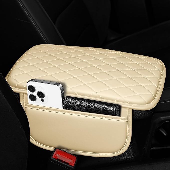 Center Console Cover Fit for Kia Sorento 2003-2025 with 2 Storage Bags Waterproof Leather Quilted Pattern Car Armrest Cover Cushion Anti - Slip(Beige&White Line)