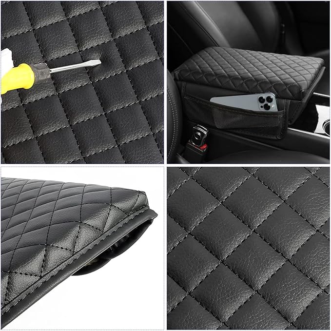 zipelo Car Armrest Cushion, Carbon Fiber Leather Auto Center Console Pad, Memory Foam Armrest Box with Storage Bag, Hand Rest Pillow with Organizer Pockets, Universal Fit for Most Vehicles (Beige)