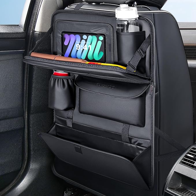Coverado Backseat Car Organizer, Nappa Leather Car Seat Organizer with Touch Screen Tablet Holder, Foldable Food Tray, Kick Mats Protector, Multi Car Storage Accessories, Garbage Bag Holder-1 Pack