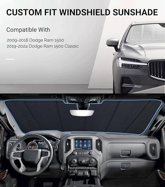 Windshield Sun Shade for Ram 1500 2009-2018, Ram 1500 Classic 2019-2024. Reflective Aluminum Film Front Window Sunshade - BLAZBLOCK