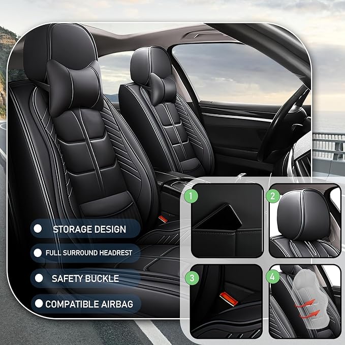 Leather Car Seat Covers Fit for Toyota Echo 2000-2005, 5 Seater Car Seat Cover, Premium Waterproof, Scratch Resistant Car Interior Accessories (Full Set with Pillow Black)