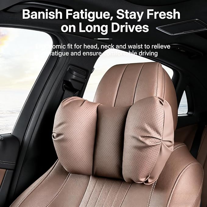 Car Neck Pillow & Lumbar Support for Porsche Taycan Sport Turismo 2022-2024 Ergonomic Breathable Mesh Auto Seat Back Cushion Headrest,Brown-Neck & Lumbar Set