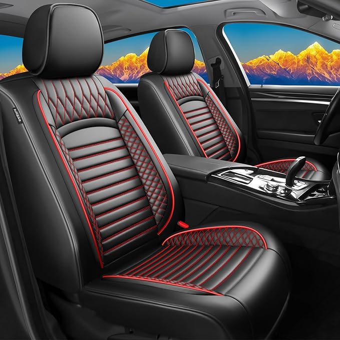 Fit Fj Cruiser Car Seat Covers for Toyota Fj Cruiser 2007-2013 2014 - Upgraded Premium Waterproof & Breathable Leather,Airbag Compatible, All-Weather Seat Cushion Protector (2 Front/Black+Red)