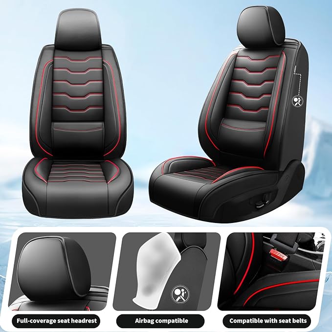 Fit Sentra Car Seat Covers Compatible with Nissan Sentra 2001-2025 2026 - Full Set Premium Leather， Waterproof Breathable， All-Weather Seat Cushion Protecto&Airbag Compatible（Red Line Black