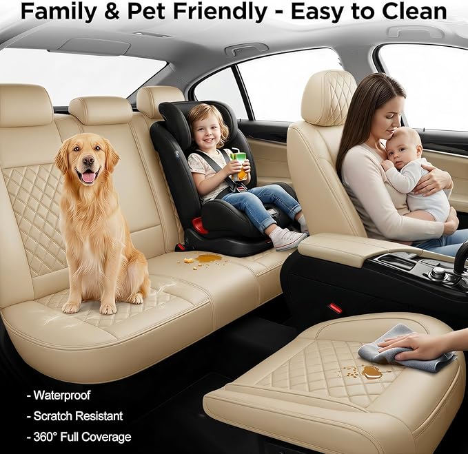 Fit TLX Car Seat Covers for Acura TLX 2014-2025 2026 - Premium Leather, Waterproof, All-Weather, Airbag Compatible, Anti-Slip, Breathable, Easy Install, Seat Protectors, Full Set, Beige