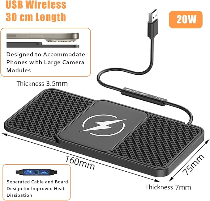 Wireless Car Phone Charger for Tesla Cybertruck Semi, Type C/USB 20W Fast Charging Pad, Non-Slip Charging Station for Travel Home Office Desk, Lightweight, USB