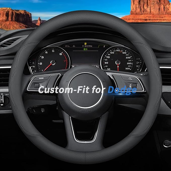 Custom-Fit for Dodge Steering Wheel Cover, Premium Leather Car Steering Wheel Cover with Logo, Non-Slip, Breathable, for Dodge Accessories (B-Style,for Dodge)