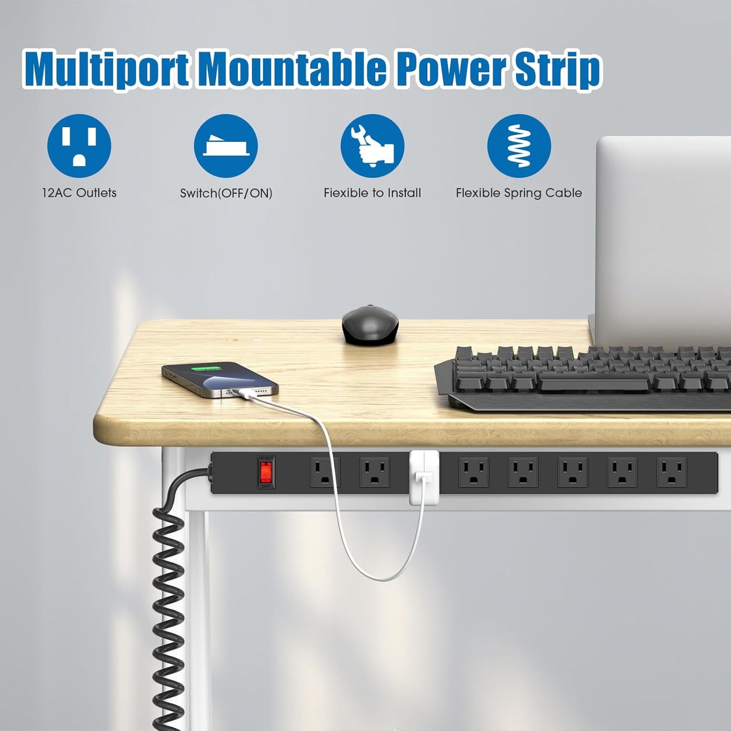 HHSOET 8 Outlet Metal Wall Mount Power Strip, Mountable Outlet with Switch, Heavy Duty Wide Spaced Surge Protector, 10 FT SJT 14AWG Black Spring Cord.