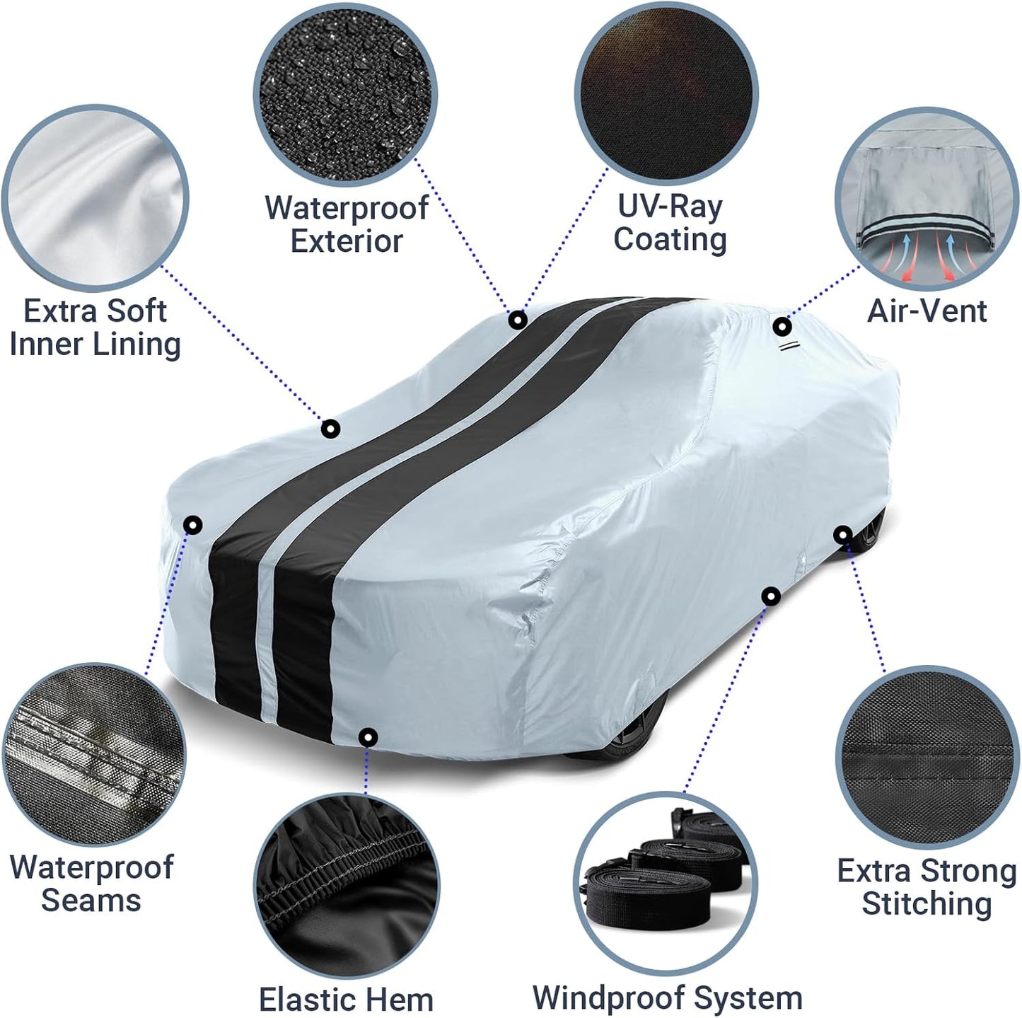 iCarCover Custom Car Cover for Chevy Camaro Z28, SS (1967-1973) Waterproof All Weather Rain Snow UV Sun Protector Full Exterior Indoor Outdoor Car Cover (Stripe - Gray/Black)