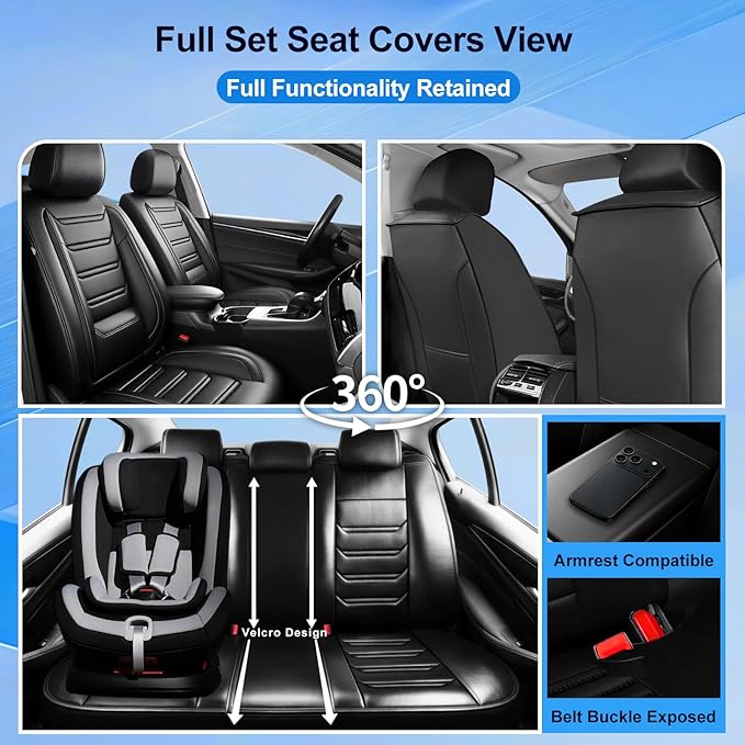 Fit Mazda 3 Car Seat Covers for Select Mazda 3 2010-2019 - Full Coverage Leather, Airbag Compatible, Waterproof & All Weather Seat Cushion Protector, Full Set, Black