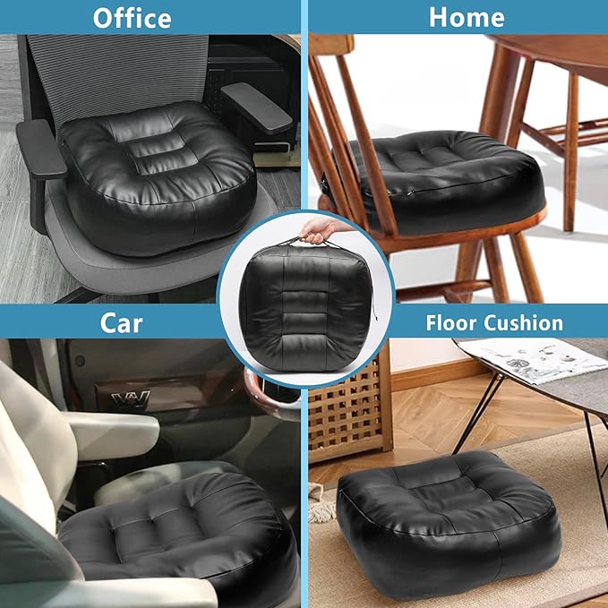 YOUFI Super Thicken Leather Car Seat Cushion for Adults - Portable Angle Lift Seat Pad with Breathable Cover, Handle, and Buckle - Ideal for Trucks, SUVs, and Office Chairs(Black)