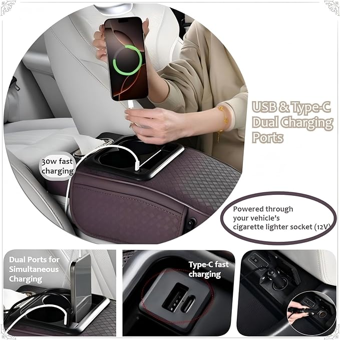 2026 Upgraded Car Center Console Cushion with 30w USB& Type-C Charging Ports, Leather Car Armrest Pad Cover, Interior Accessories for Most Vehicles (Classic Flat Version, Coffee)