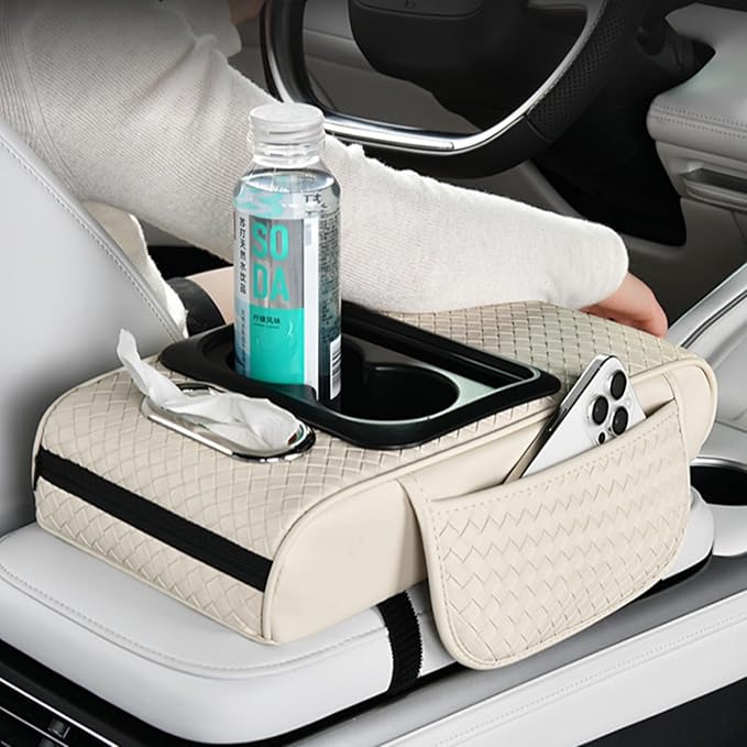 Car Armrest Cushion Cover Car Center Console Memory Foam Booster Pad with Storage Pocket and Tissue Hole for Sedan Vehicle (Cupholder - Blue, 13.39 * 7.68 * 2.95'' / 34 * 19.5 * 7.5cm)