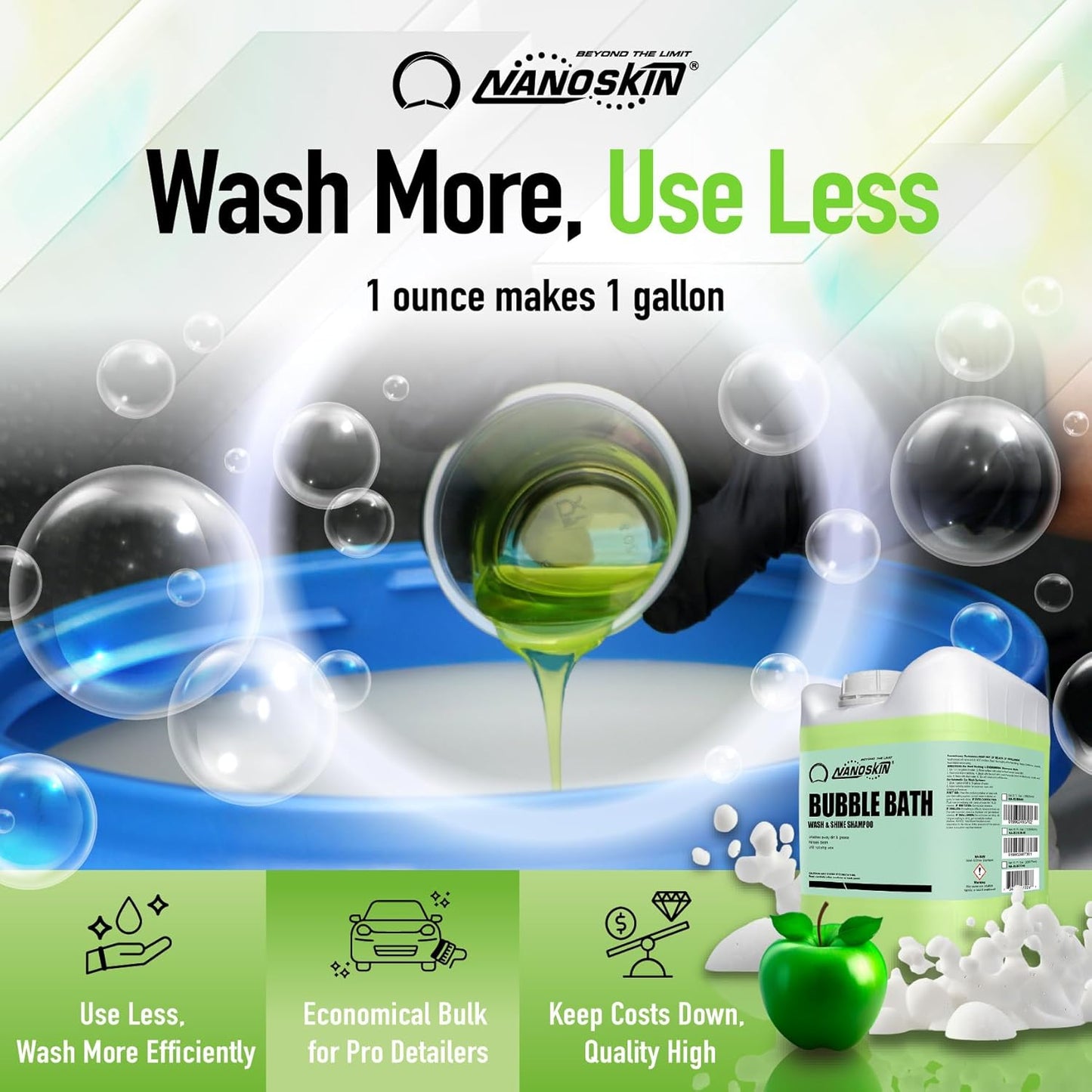 Nanoskin BUBBLE BATH Foaming Car Wash Shampoo 30 Gallons - Works with Foam Cannon, Gun, Bucket Washes, Car Soap for Pressure Washer | For Car, Truck, Motorcycle, RV & More, Green,3840 Fl Oz(Pack of 1)