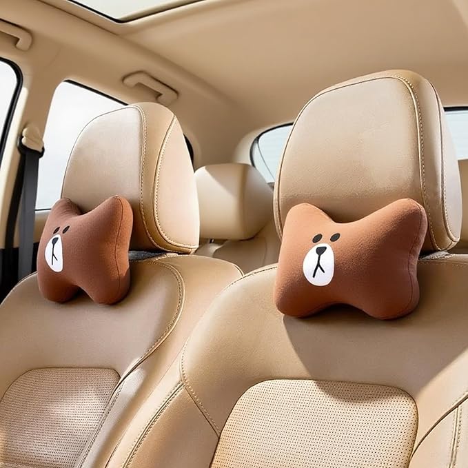 CHERISH Car Neck Pillow - 2 Pack Cute Bear Headrest Support Cushion, Soft & Comfortable Car Seat Accessory, Universal Travel Headrest for Car & Home Use (Brown)