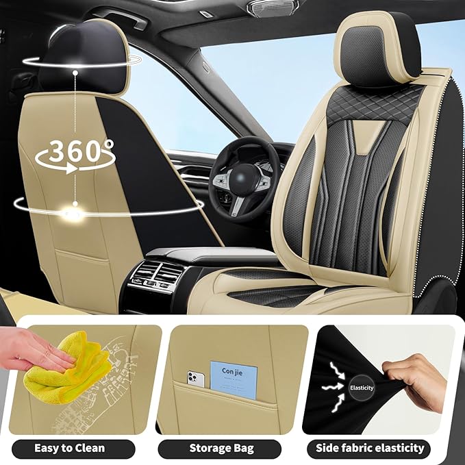 Fit Altima Car Seat Covers Compatible with Nissan Altima 2011-2025 2026 - Full Set Premium Leather， Waterproof Breathable， All-Weather Seat Cushion Protecto&Airbag Compatible （Beige & Black