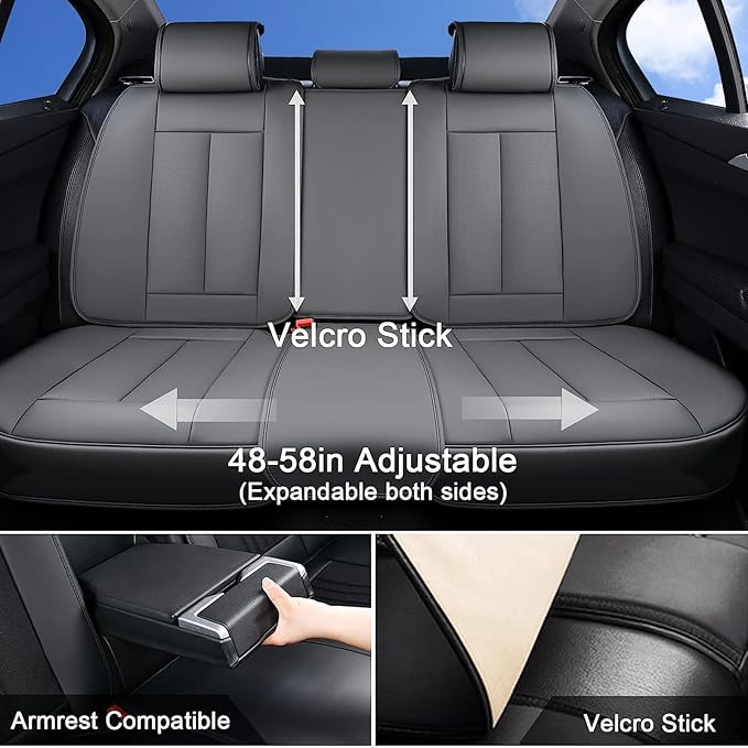 Coverado Universal Seat Covers Full Set, 5 Seats Universal Seat Covers for Cars, Waterproof Nappa Leather Car Seat Covers with Head Pillow, Auto Protectors Fit for Most Sedans SUV Pick-up Truck-Gray