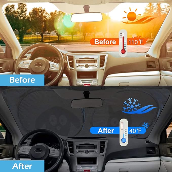 Car Windshield Sunshade with Pet Design, Cute Dog & Cat Cartoon Front Windshield Sun Shade Foldable Sunshade Blocks Heat UV Rays, Protect Interior Keep Cool, Fits Cars SUV Truck - Medium
