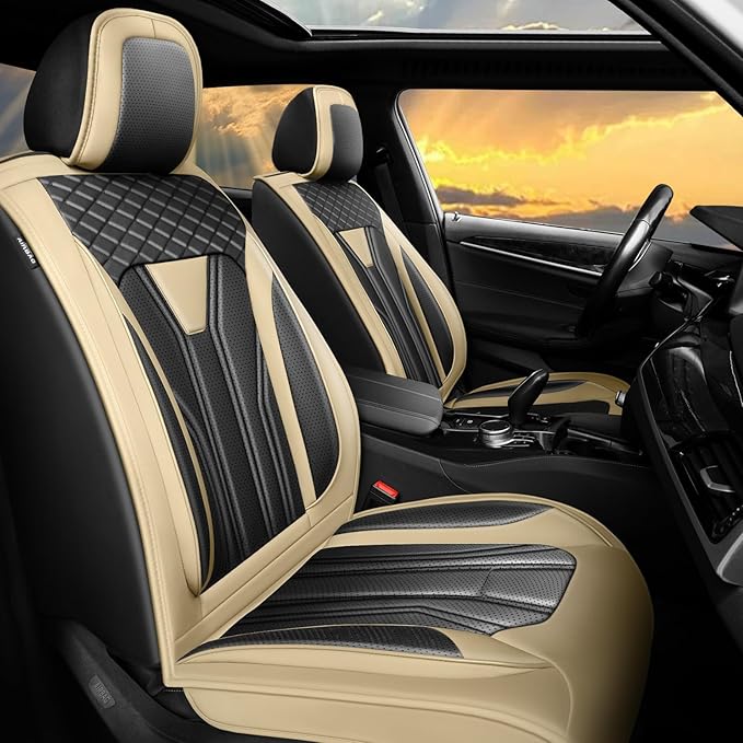 Fit Kicks Car Seat Covers Premium Leather Compatible with Nissan Kicks 2018 2019-2026 (5 Seats Full Set Waterproof Breathable All-Weather Seat Cushion Protector（5 Seats Beige & Black)