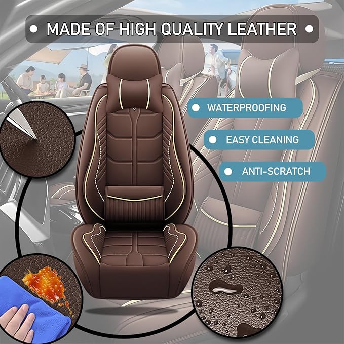 Leather Car Seat Covers Fit for Toyota Camry Solara 2004-2008, 5 Seater Car Seat Cover, Premium Waterproof, Scratch Resistant Car Interior Accessories (Full Set with Pillow Coffee)