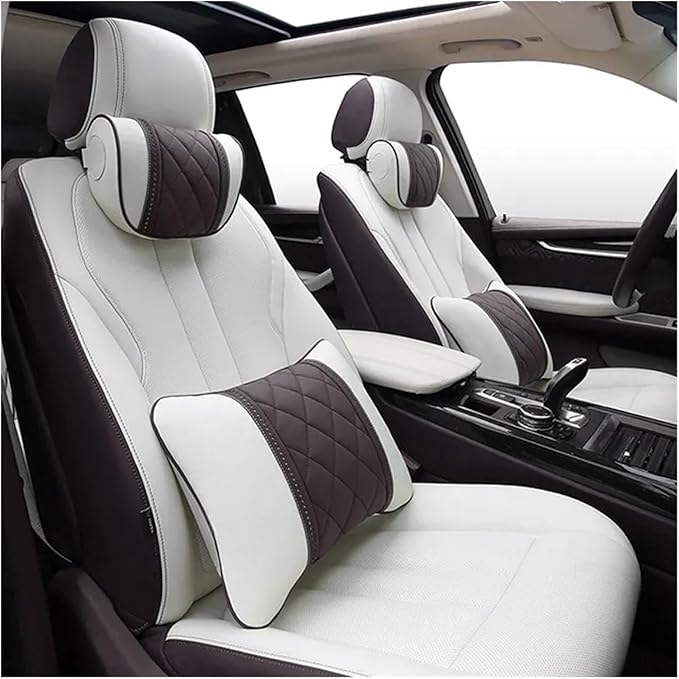 Car seat headrest Leather Car Fit for Seat Rest Cushion Headrest Car Neck Pillow Fit for BMW (Color : Beige brown-01)